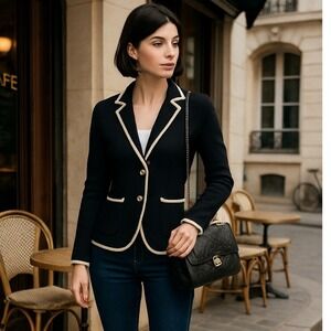 Anthropologie Moth Knit‎ Blazer Jacket Black Ivory Trim Wool Blend Women's Small